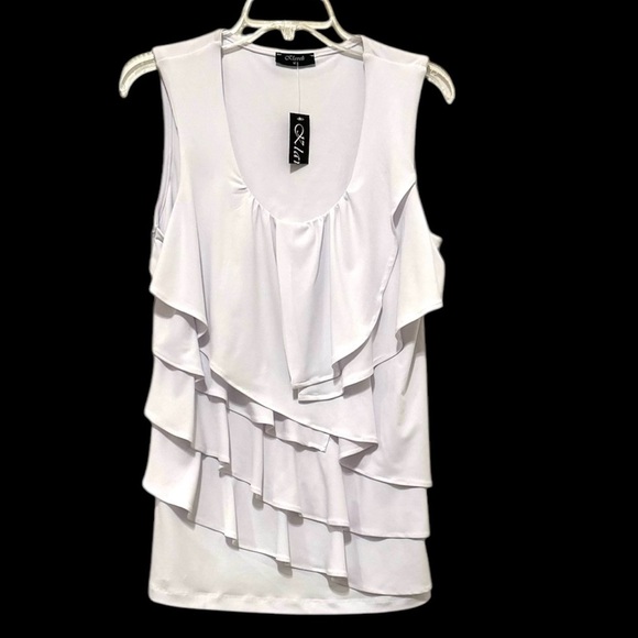 KLAVELI Sleeveless White Ruffled Tiered Blouse. NWT. Size Medium - Picture 1 of 6